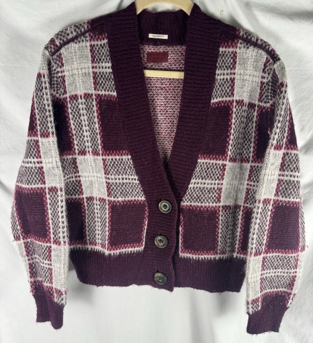 MOTHER The Slim Low Cardigan Crop Sweater Bad Boy Magnet Plaid Size Small (S)